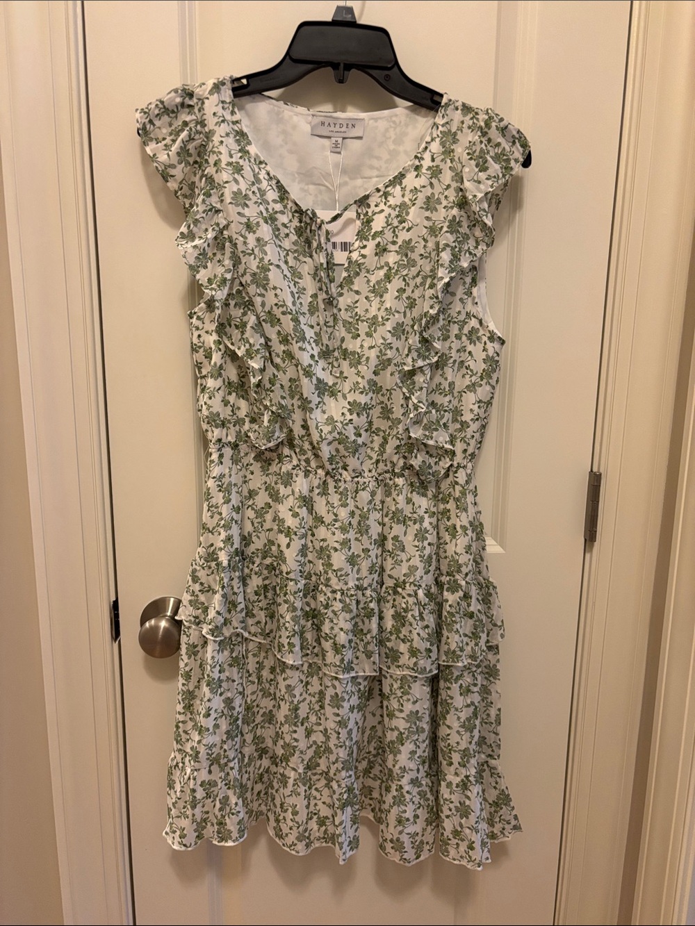 Hayden White Dress with Green Floral Print and Ruffle Tiers